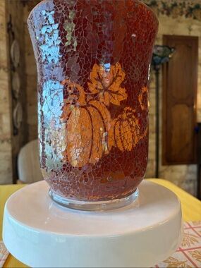 Yankee Candle Red Crackle Glass Vase with Amber Floral Design